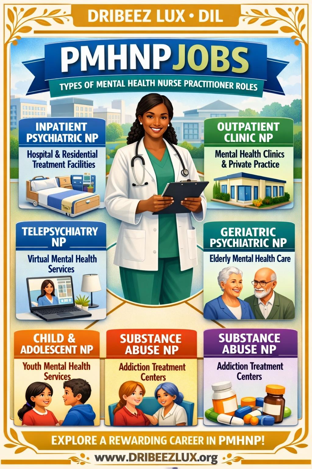 PMHNP Jobs poster with nurse practitioner center and roles in inpatient, outpatient, telepsychiatry