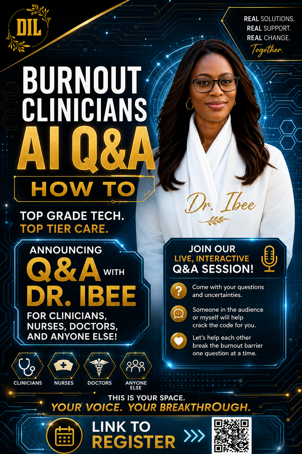 Burnout Clinicians AI Q&A flyer with Dr. Ibee, blue-and-gold design, event details and registration link