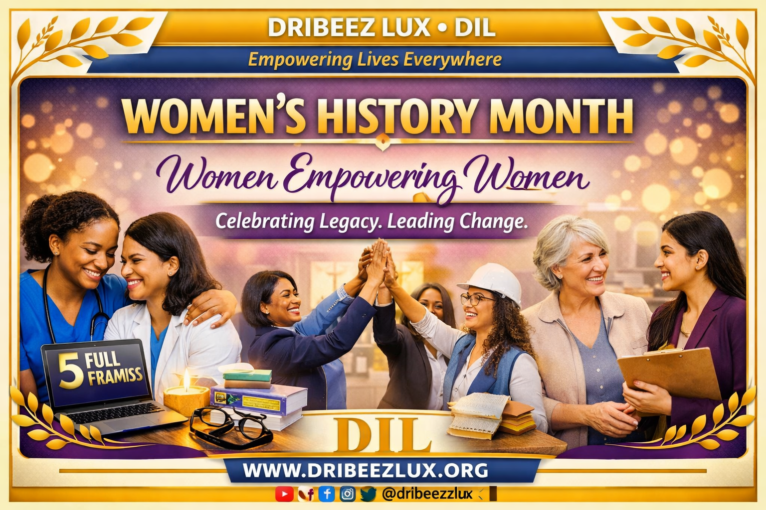 Women’s History Month banner with diverse women, gold and purple design, and the DIL logo.