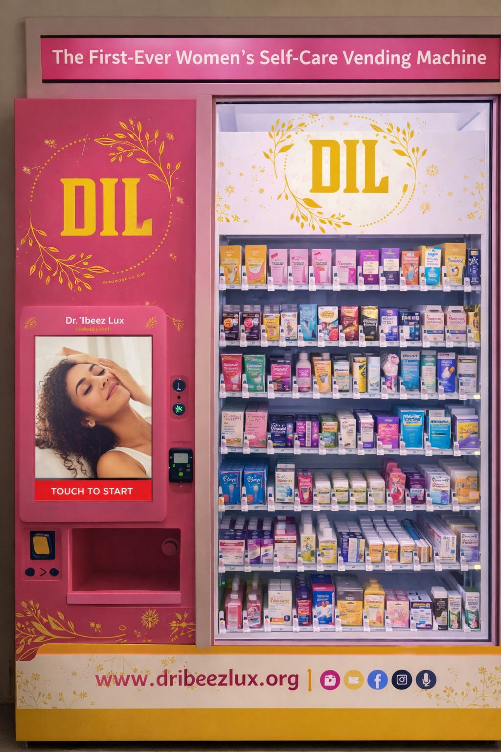 Pink DIL women’s self-care vending machine with cosmetics, snacks, and a model poster.