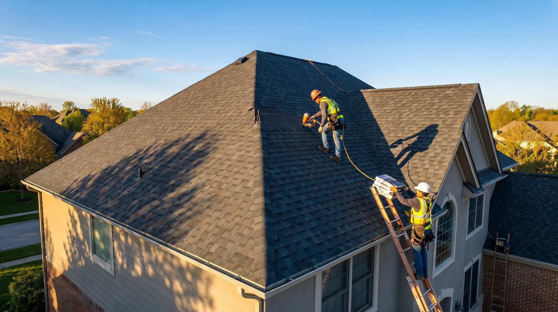 Worker on a house roof, repairing shingles with mountains in the background Worker on a house roof, repairing shingles with mountains in the background