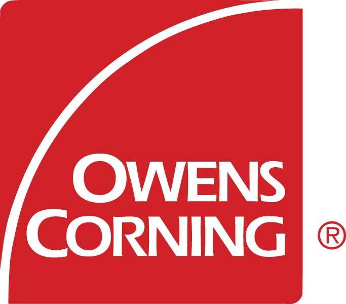 Owens Corning logo in white on a red background with a curved corner design