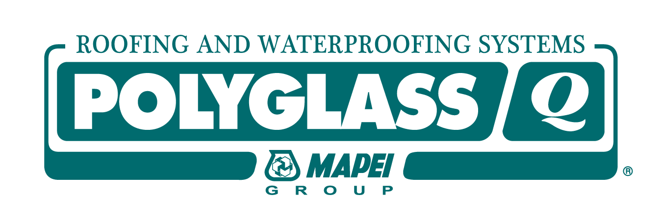 POLYGLASS roofing and waterproofing systems logo in teal and white, with MAPEI Group branding