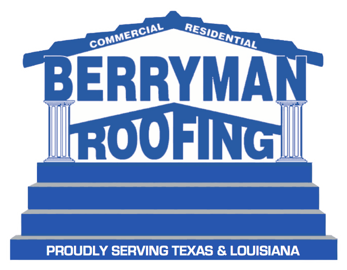 Berryman Roofing logo in blue, with “Commercial Residential” and “Proudly Serving Texas & Louisiana” text