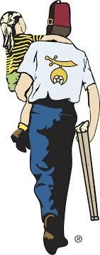 Cartoon figure in white shirt and blue pants, holding a rifle and carrying a bird over one shoulder.