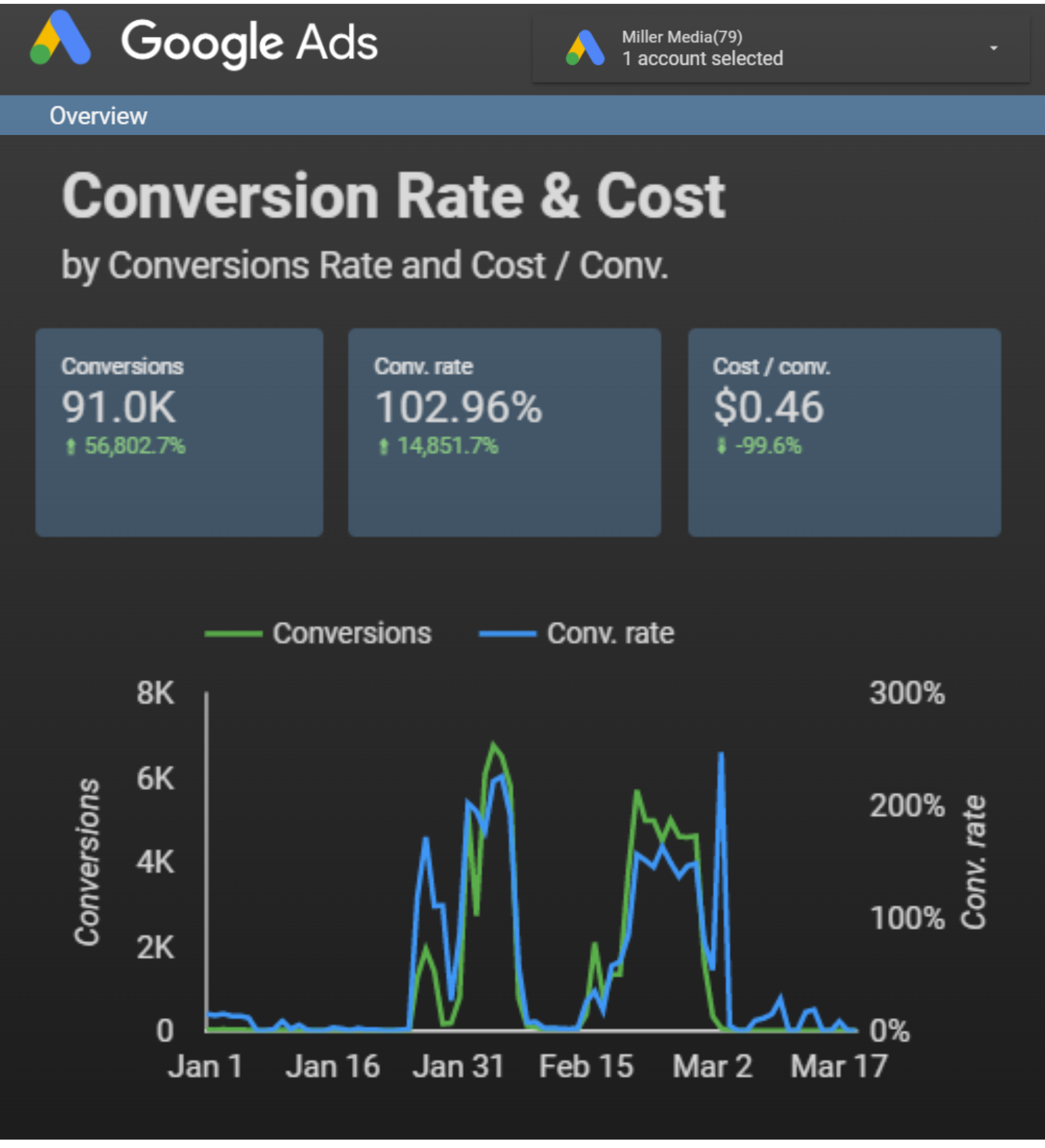 Google Ads dashboard showing conversions, conversion rate, and cost data. Includes a line graph.