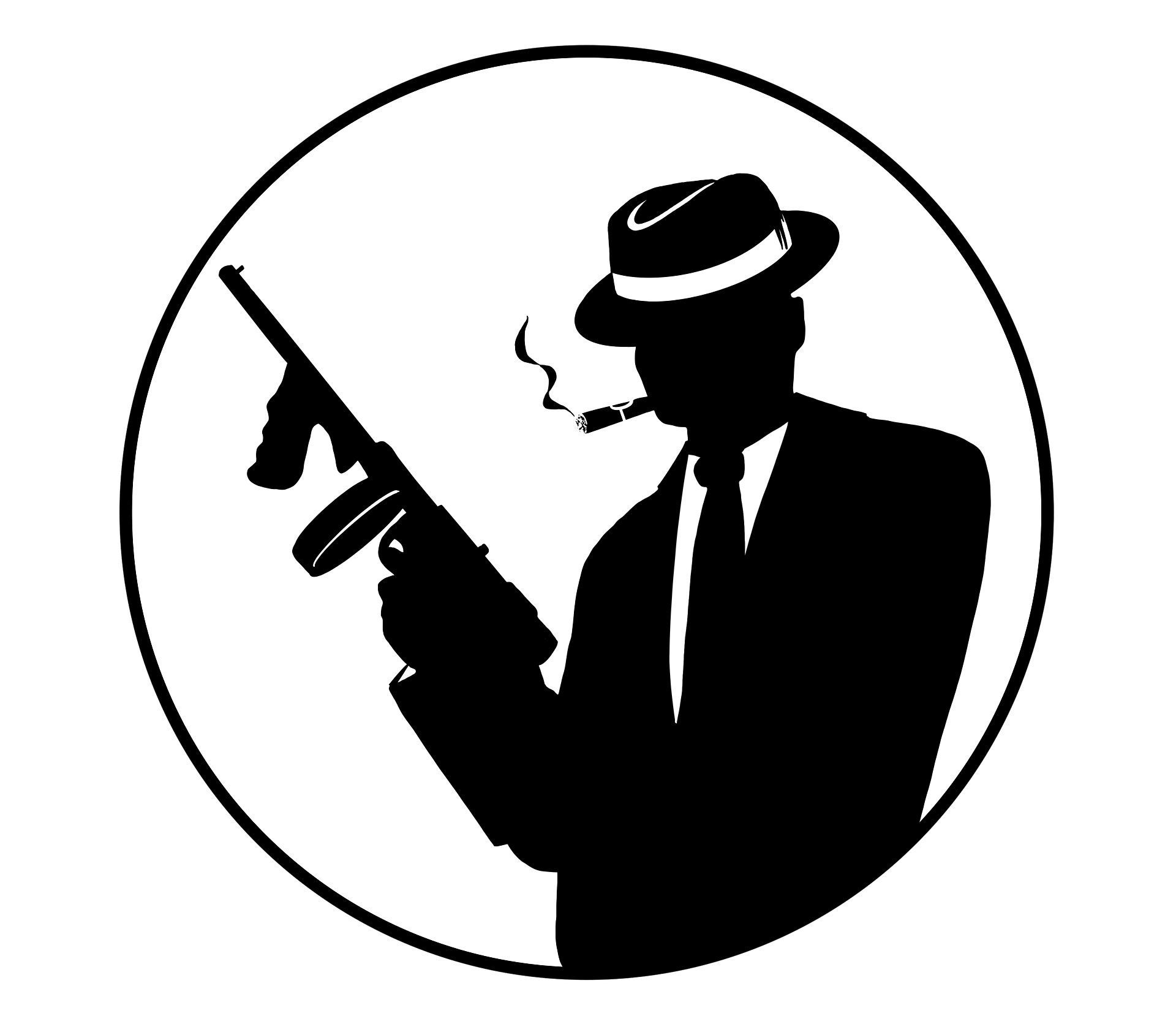 the racketeer lounge logo Silhouette of a man in a fedora and suit holding a Tommy gun, smoking a cigar, within a circle.
