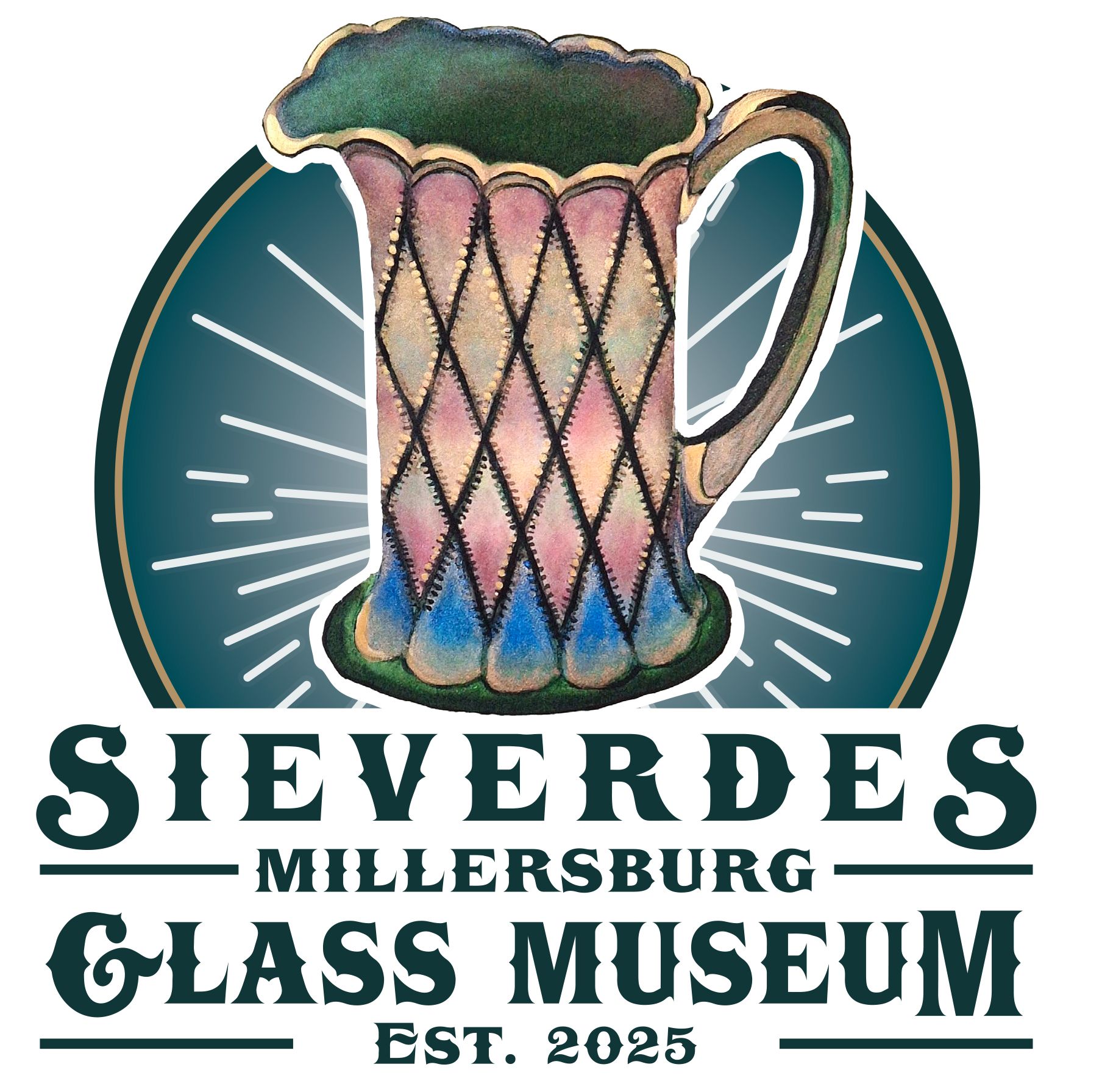 Logo: Colorful glass pitcher, green and blue, over a blue circle with radiating lines; 