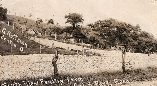 View of South View Poultry Farm, Benton, Ohio, with a field, fences, buildings, and trees on a hillside.