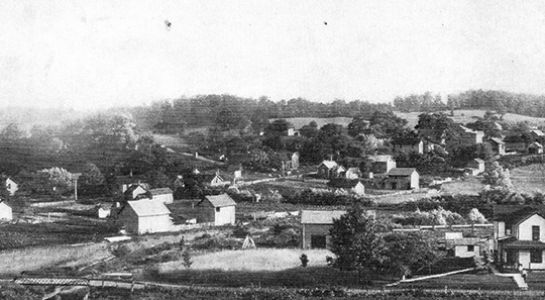 Village landscape with houses, trees, and fields. Black and white photograph, likely from a historical period.