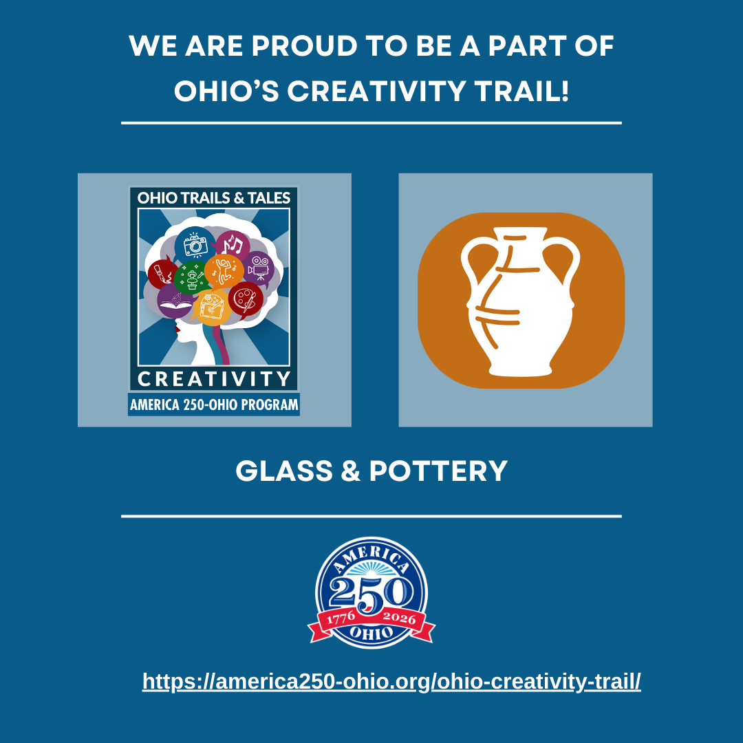 Ohio's Creativity Trail ad: two logos, one with a brain and colorful balloons, the other a white vase; blue background.