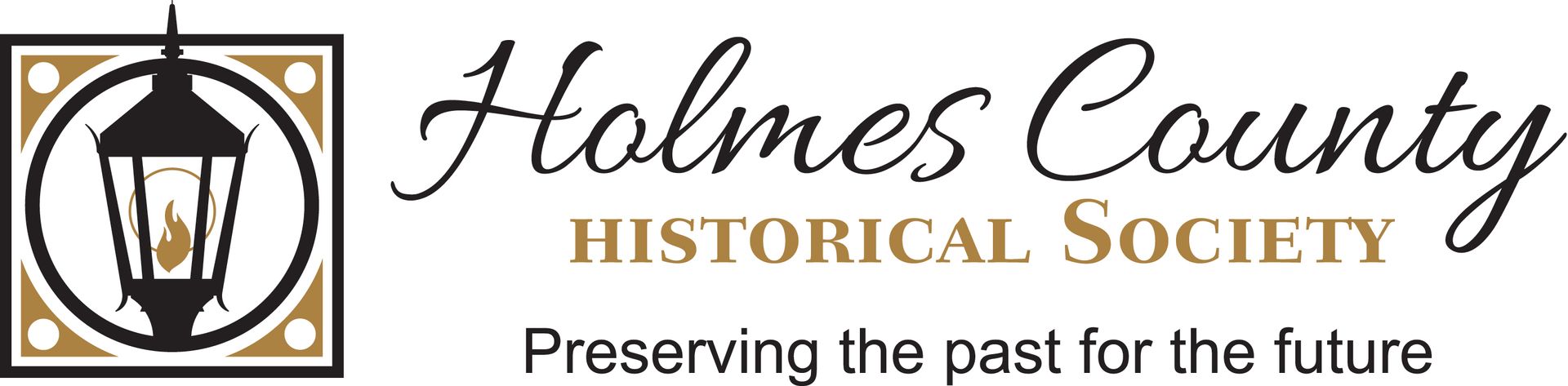 Logo of Holmes County Historical Society: Lamp icon within a square frame with text, 