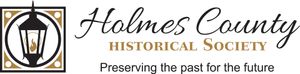 Logo of Holmes County Historical Society: Lamp icon within a square frame with text, 