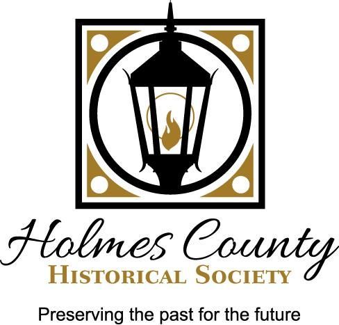 Logo for Holmes County Historical Society: black lantern within square, circle and gold frame. Text: 