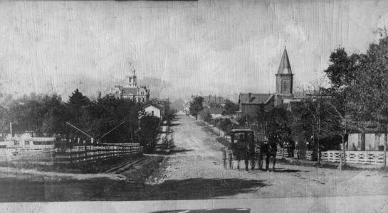 A vintage black and white photograph of a town street with buildings, trees, and horse-drawn carriage.