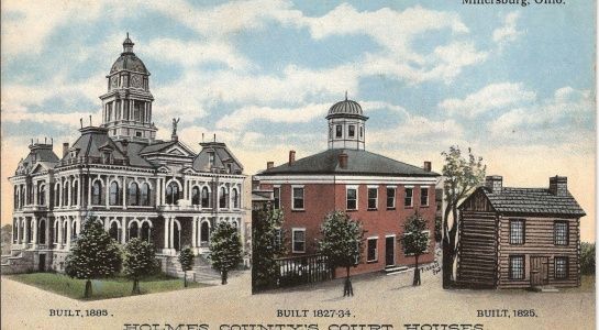 Holmes County Court Houses in Millersburg, Ohio: three buildings, built 1886, 1834, and 1812.