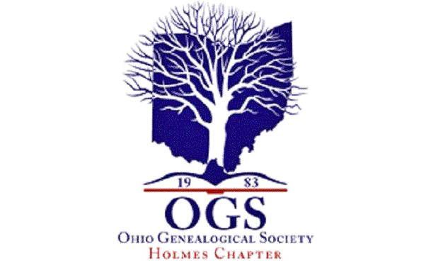 Logo: Ohio Genealogical Society Holmes Chapter, Ohio outline with bare tree, dates 1983.