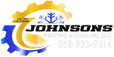 Johnsons Heating & Cooling, LLC logo with blue and yellow gear and sun design, plus phone number 830-933-9214