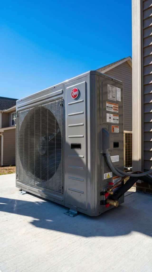 Outdoor HVAC unit beside a house, with a large fan grille and silver casing in bright sunlight