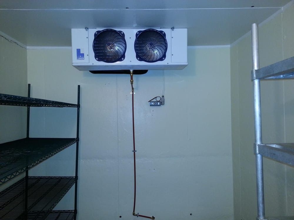 Empty walk-in cooler with metal shelving and dual ceiling-mounted fans.