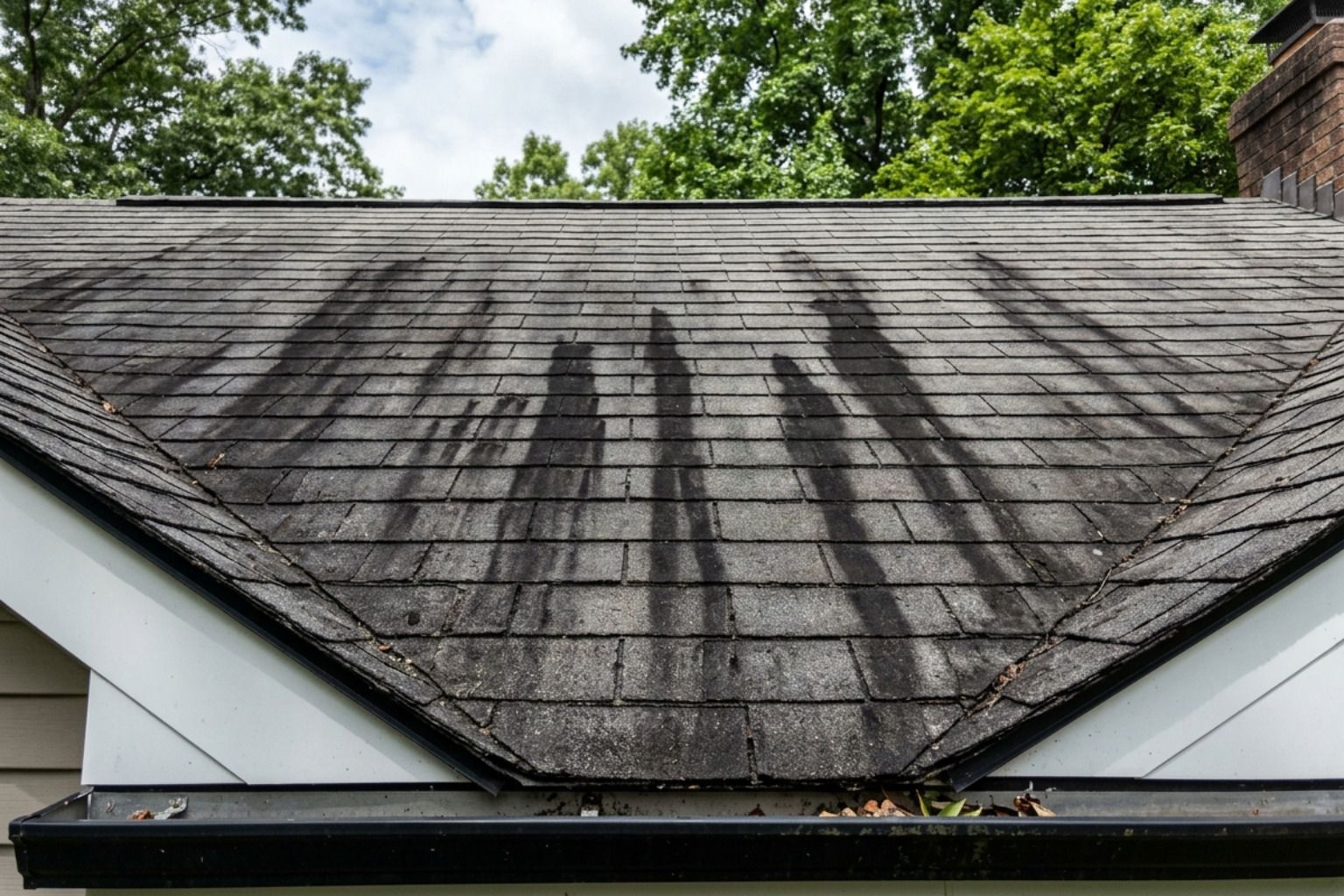 Dark, weathered roof with black streaks above white siding and green trees in the background
