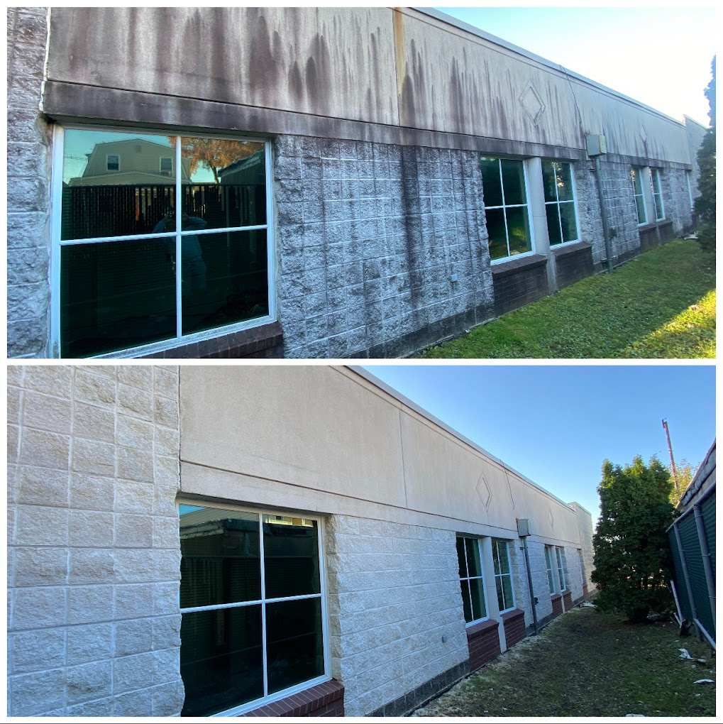 Before-and-after of a building exterior, showing cleaner stone walls and windows under a beige roofline.