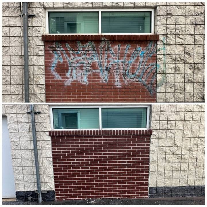 Before-and-after brick wall repair under a window, with graffiti removed from the top half.