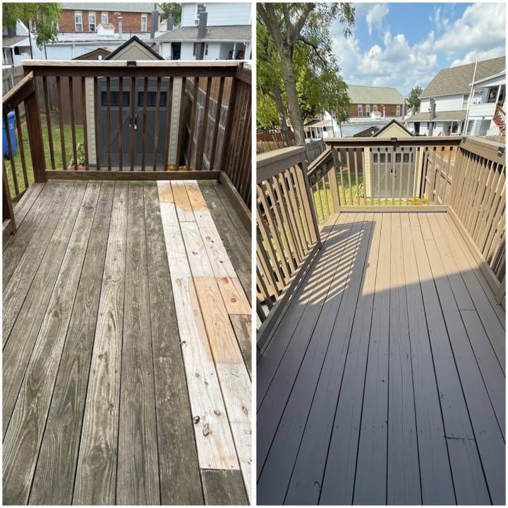 Before-and-after deck with weathered wood replaced by freshly painted gray boards and railing.