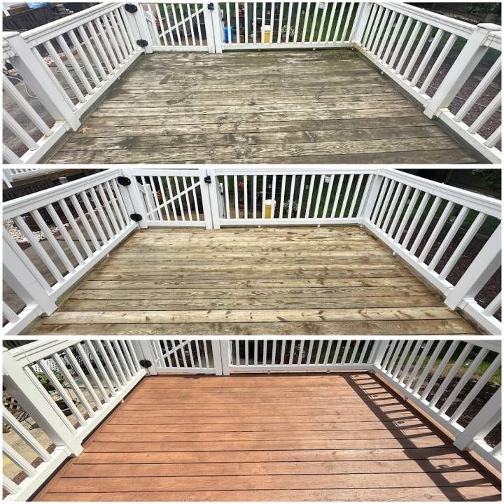 Three views of a weathered wooden deck, progressing to a newly stained reddish-brown finish.