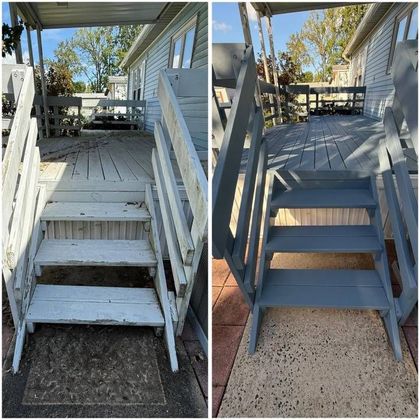 Before-and-after view of a weathered porch stairway, painted white on the left and gray on the right.