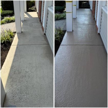Side-by-side view of a concrete walkway before and after coating, leading past a house porch.