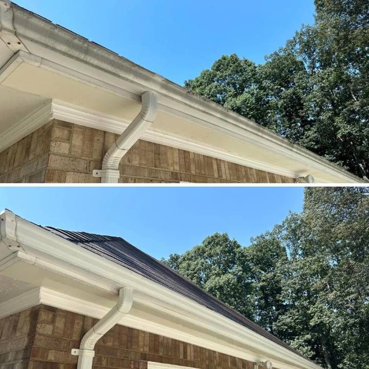 Split view of a house gutter and roofline before and after repair against a blue sky.