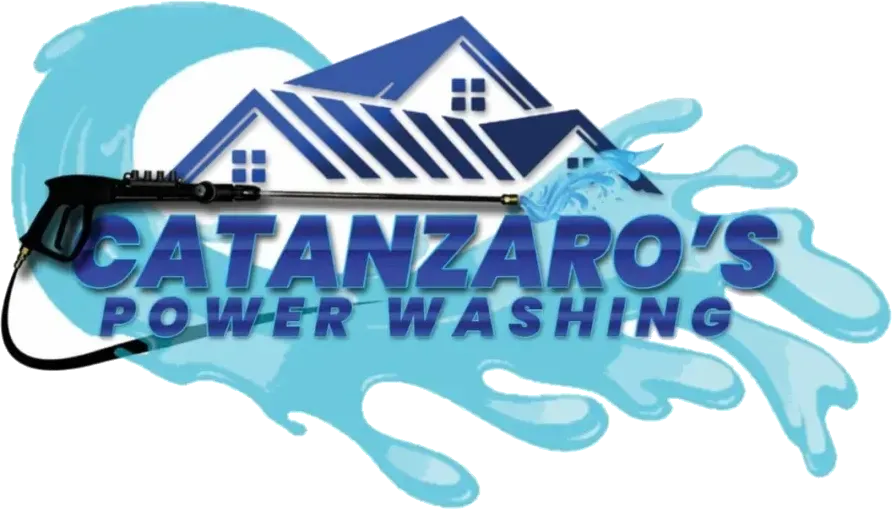 Catanzaro’s Power Washing logo with blue house roof and water splash graphics