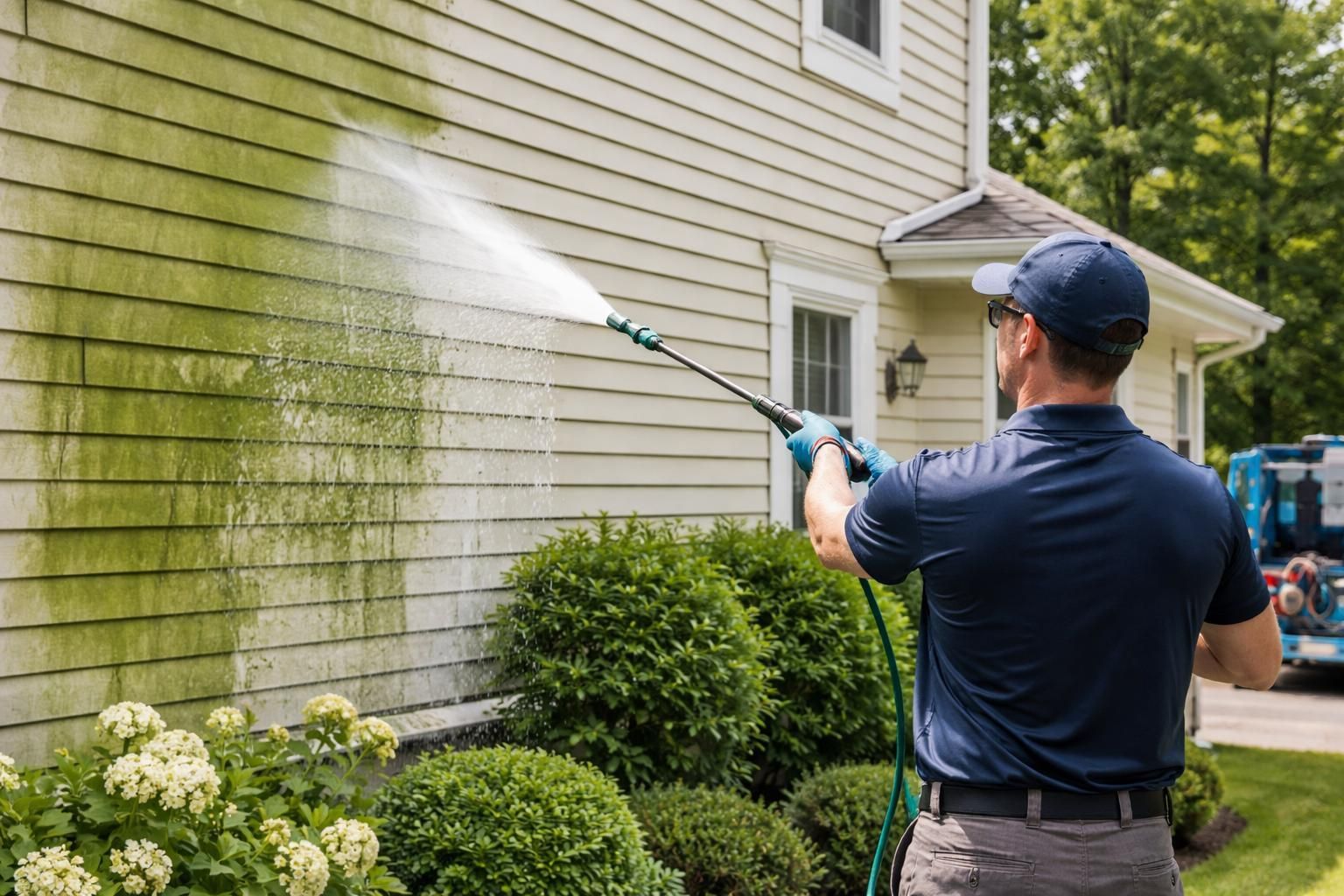 Person pressure-washing the side of a beige house amid green shrubs and flowers
