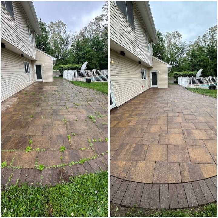 Before-and-after patio paver cleaning beside a beige house, with weeds removed and a cleaner, darker surface.