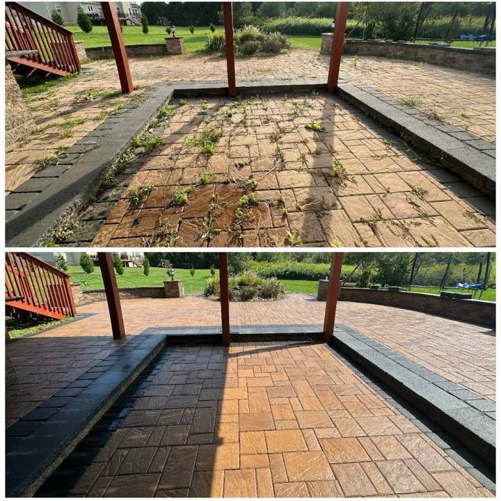 Before-and-after patio: cracked pavers replaced with smooth tan brick under a covered structure.