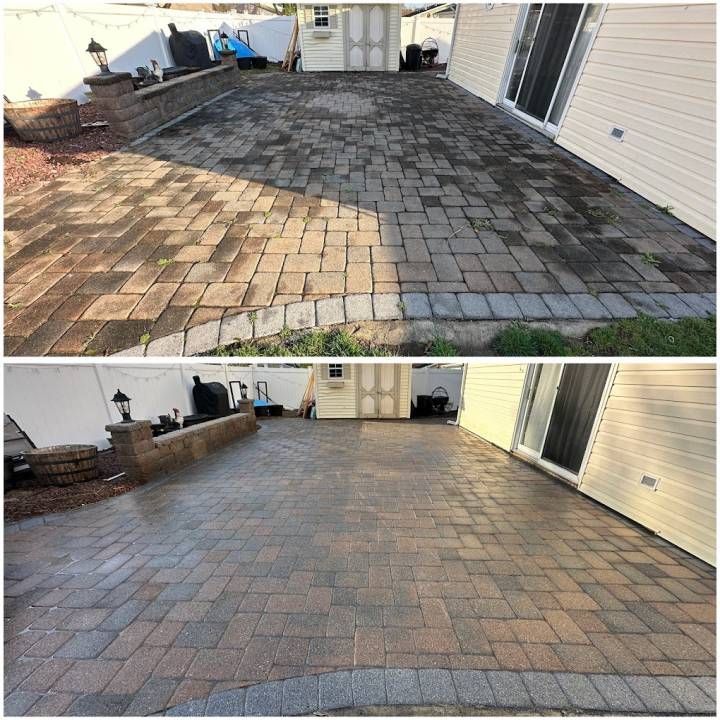 Before-and-after view of a brick patio cleaned from dark, uneven staining to a brighter, uniform surface.