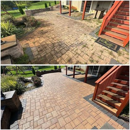 Brick patio before-and-after cleaning beside a red wooden staircase and house deck