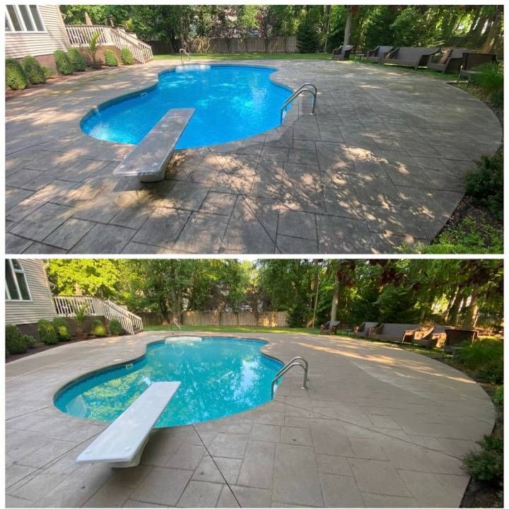 Before-and-after view of a backyard pool deck: cracked stone replaced with smooth light-gray concrete.