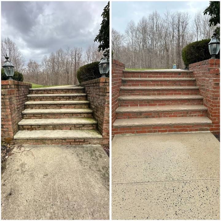 Before-and-after view of outdoor brick steps, showing stained stairs versus cleaned steps under a cloudy sky