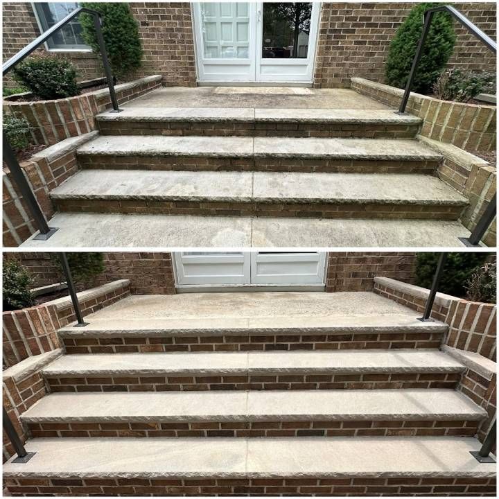 Before-and-after front steps with worn concrete treads replaced by smooth new stone steps.