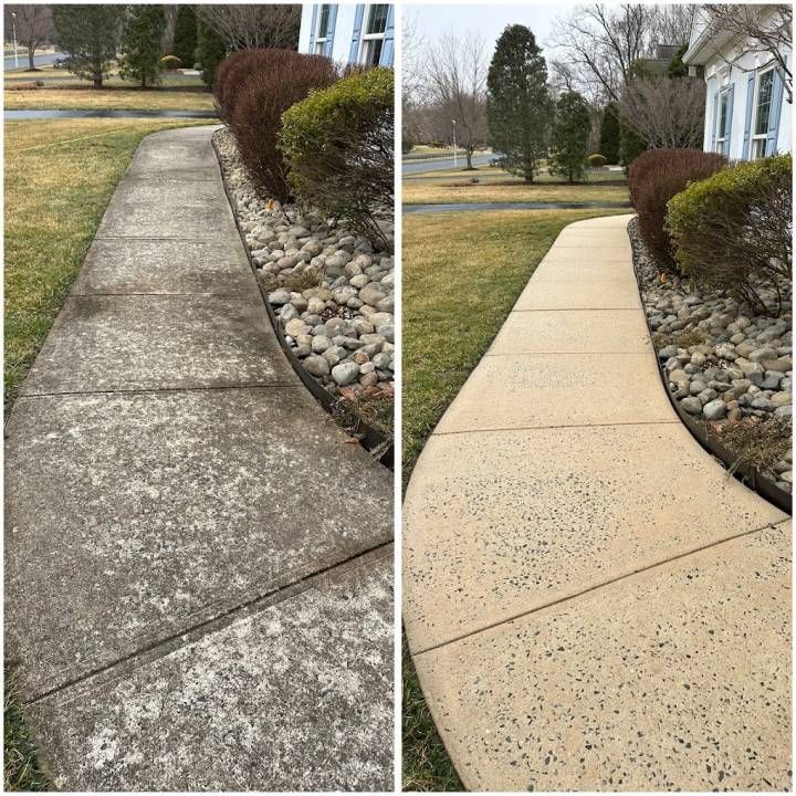 Before-and-after of a cleaned concrete front walkway, gray on the left and tan on the right.