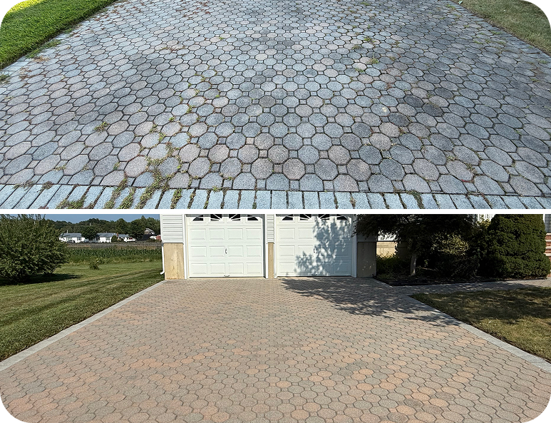 Two views of a driveway paved with circular stone pavers beside a white garage and lawn