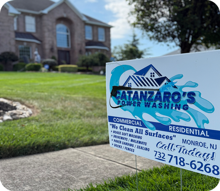Catanzaro’s Power Washing yard sign in front of a brick house and lawn