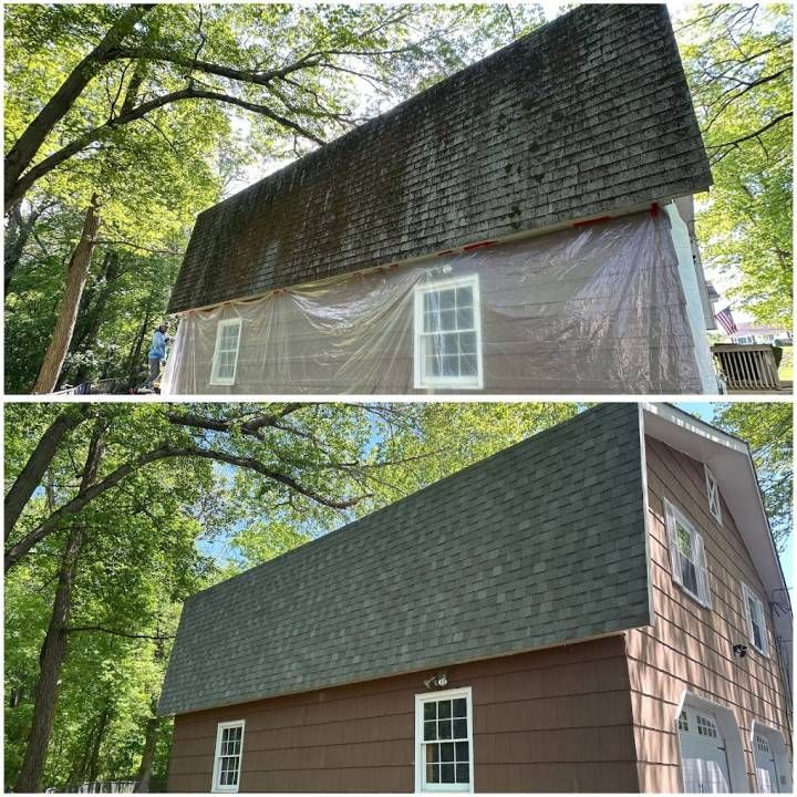 Before-and-after view of a house exterior during renovation, with tarp-covered siding and new brown shingles.