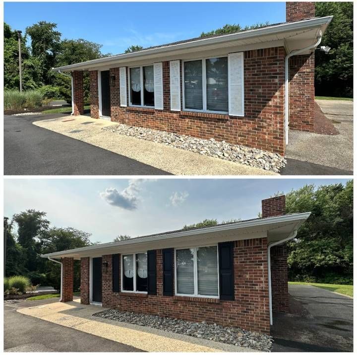 Single-story brick house exterior with white trim, black shutters, and an asphalt driveway, shown in two views.