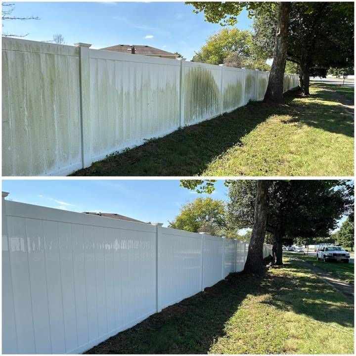 Before-and-after view of a white vinyl fence, with stain removed and brighter finish in the lower image
