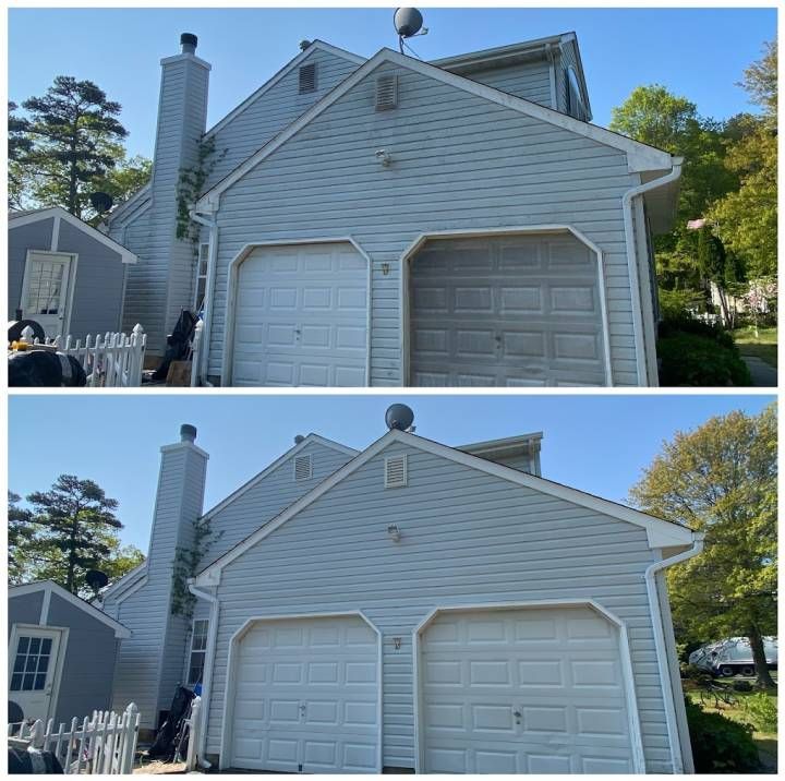 Two views of a suburban house’s front with a double garage, gabled siding, and blue sky