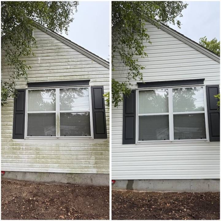 Side-by-side view of a house exterior before and after white siding cleaning or repainting.