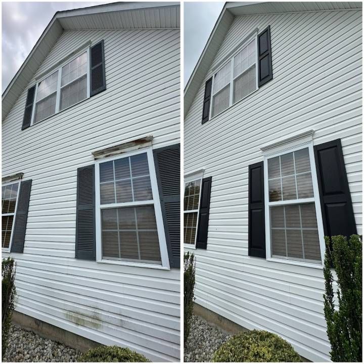 Side-by-side view of a white house exterior with black shutters before and after window trim changes